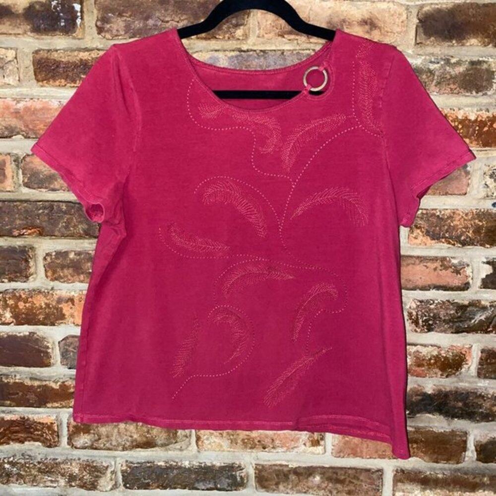 TanJay Red Floral Embroidered Grommet Short Sleeve Top Women's Size Large
